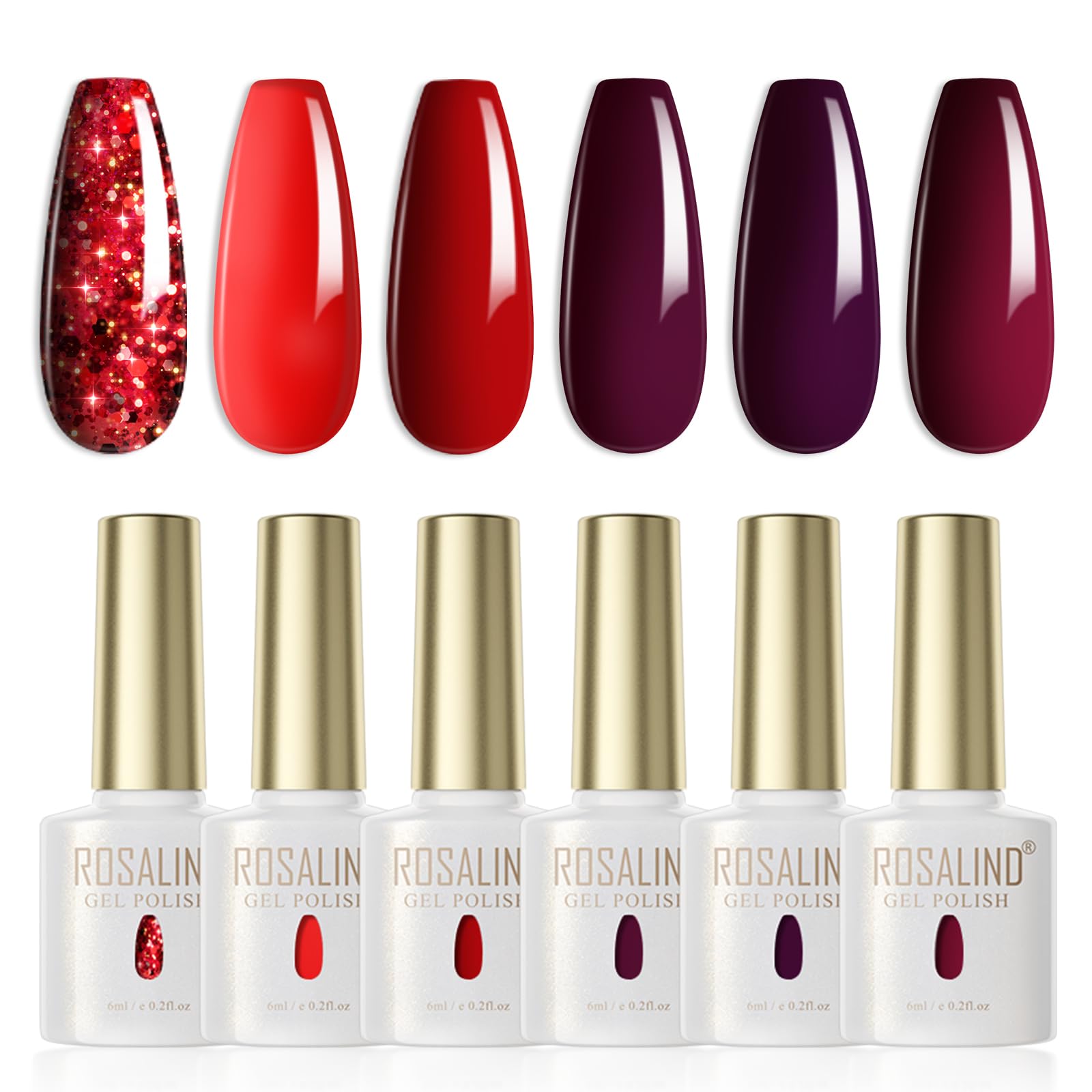 ROSALIND Esmaltes Semipermanentes Para Uñas Rojo,6 Colores Glitter Rojo Oscuro Rojo Granate Vino Rojo Pintauñas Semipermanentes Polish Kit Soak Off UV/LED Gel Uñas DIY Manicura Nail Art Set