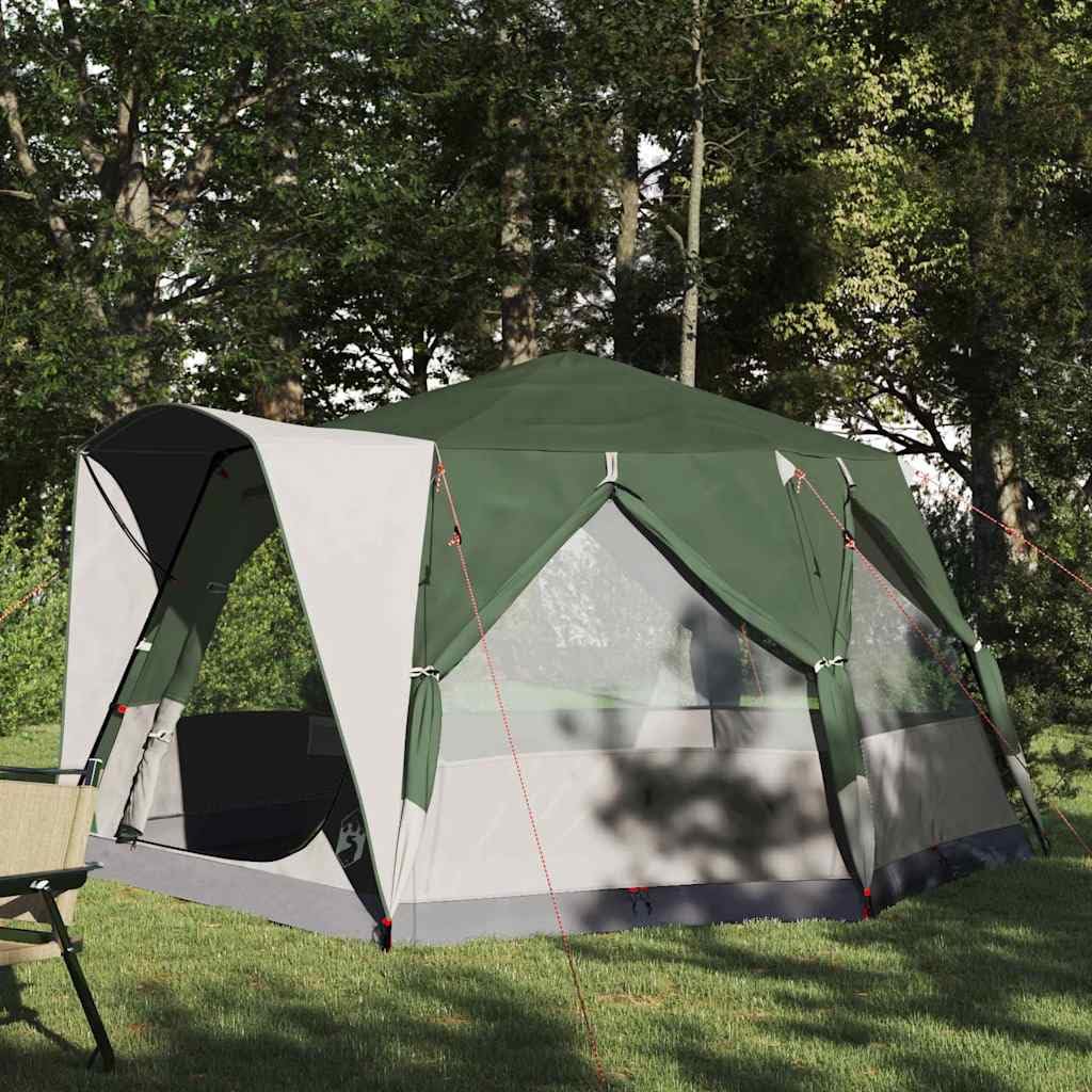 Tienda familiar para 5 personas, verde, 185T poliéster, 333 x 317 x 194 cm, resistente a los rayos UV, impermeable, con bolsa de transporte para camping