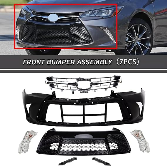 Complete Front Bumper Assembly Fit For 2015 2016 2017 Toyota Camry SE Front Bumper Cover With Support Brackets+ Upper & Lower Grille + Daytime Running Turn Signal Lights 7pcs Kit Replacement