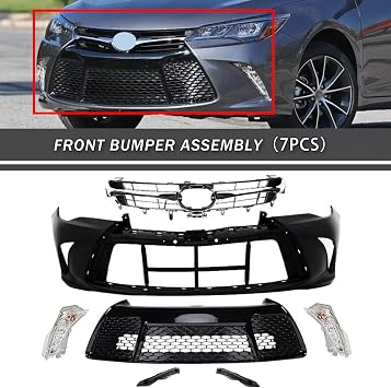 Complete Front Bumper Assembly Fit For 2015 2016 2017 Toyota Camry SE Front Bumper Cover With Support Brackets+ Upper & Lower Grille + Daytime Running Turn Signal Lights 7pcs Kit Replacement