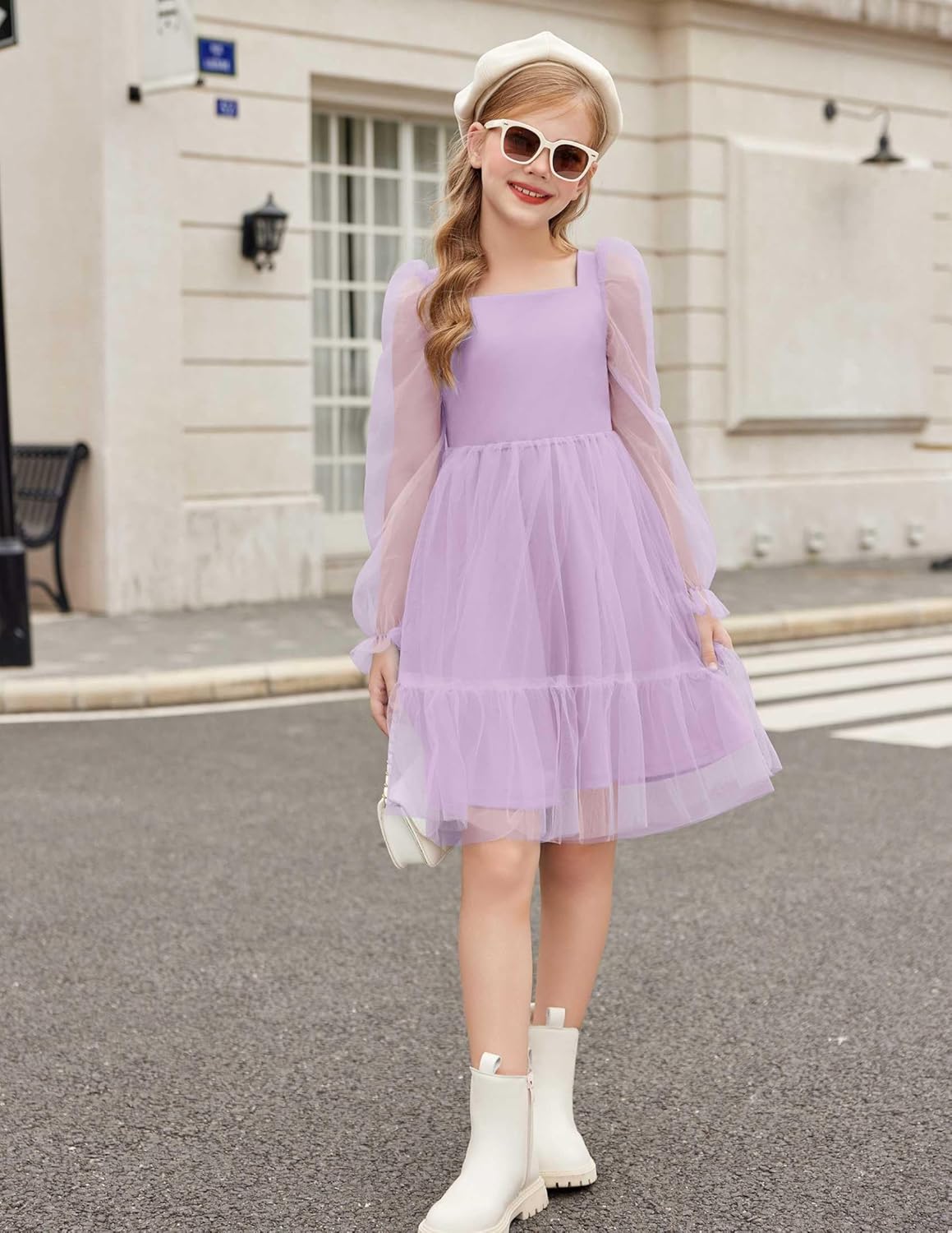 Arshiner Girls Tie Back Dress Puff Long Sleeve Formal Square Neck Party Tulle Dresses - Image 6
