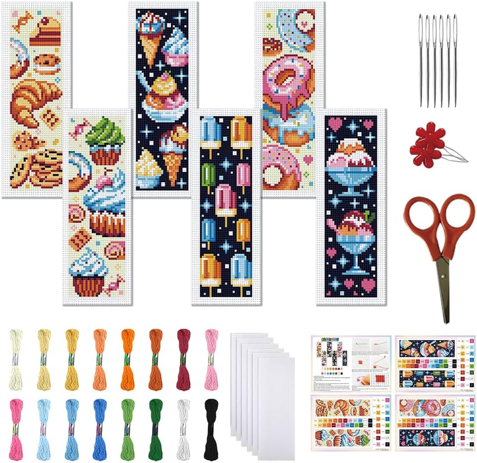 FREEBLOSS 6 Set Cross Stitch Bookmark Kits 11CT Dessert Pattern Stamped Cross Stitch Kit for Beginners with Instructions Embroidery Bookmark Making Kit for Adults 8x2.4inch