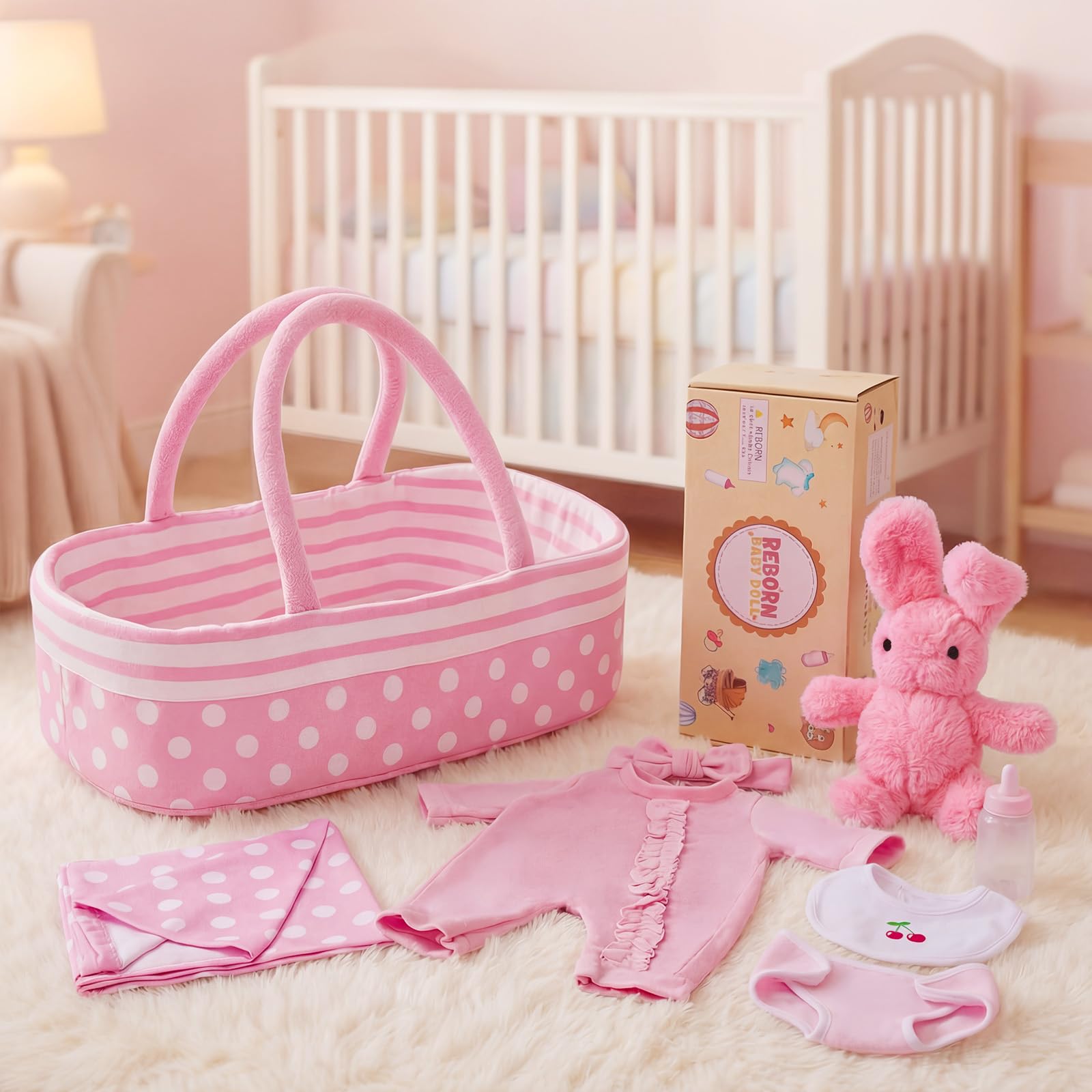 BABESIDE 8 Pcs Baby Doll Accessories, Reborn Baby Dolls Clothes with Bassinet for 17-22 Inch Babydolls, Outfit fit Babies Dolls Girl, Babies Pretend