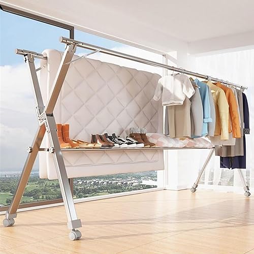 Estante de secado de ropa de acero inoxidable resistente con ruedas, ajustable y plegable que ahorra espacio para interiores y exteriores, estante