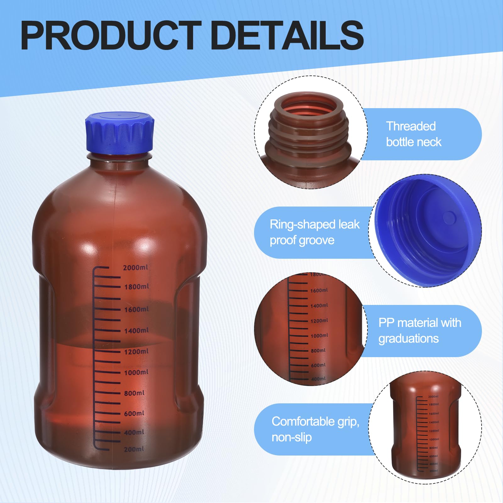 PATIKIL 1 Stück Laborflasche mit Skalierung, 2000ml Weithalsflasche Kunststoff mit Breiter Öffnung, Versiegelt, Auslaufsicher, für Pillenflaschen, Wasserprobenflaschen - Brown
