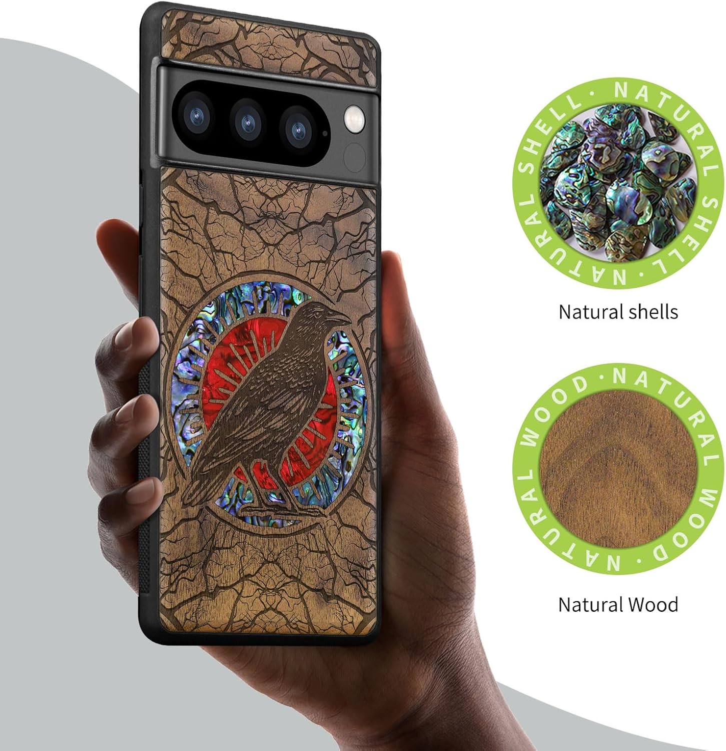 Carveit Designer Wooden Case for Google Pixel 8 Pro Case Cover [Wood Engraving & Shell Inlay] Compatible with Wireless Chargers Pixel 8 Pro (The Haloed Crow-Walnut)