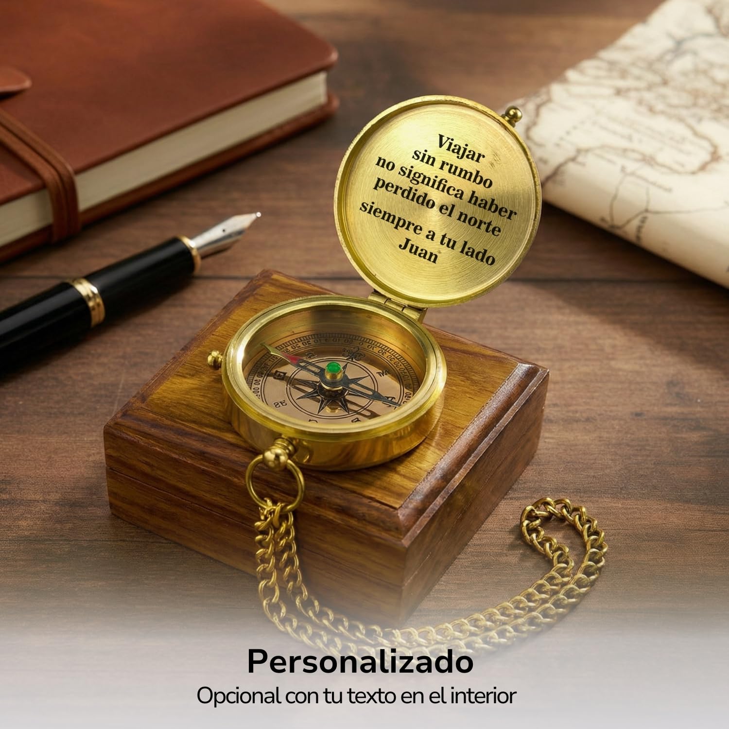 Brújula Personalizada con Foto y Texto en la Tapa - Brujula de Latón Pulido, Opcional con Estuche de Piel o Caja de Madera