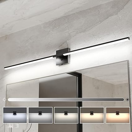 Ensenior Modern Bathroom Vanity Light 48 inch, Built-in Dimmer, 28W Dimmable 5CCT Led Bath Lights, Black Bar Vanity Lights for Bathroom Mirror Cabinets Bedroom-FCC Certificated