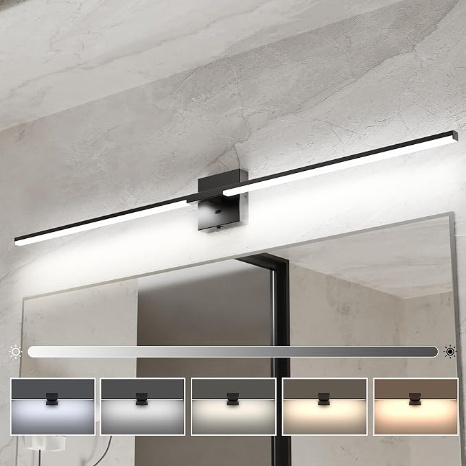 Ensenior Modern Bathroom Vanity Light 48 inch, Built-in Dimmer, 28W Dimmable 5CCT Led Bath Lights, Black Bar Vanity Lights for Bathroom Mirror Cabinets Bedroom-FCC Certificated