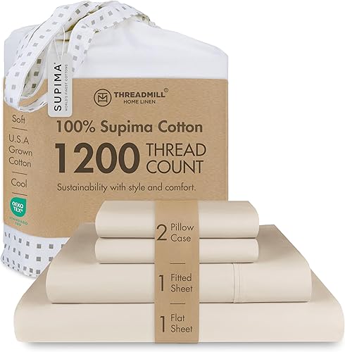 Threadmill Sábanas de lujo de algodón Supima, 1200 hilos, suaves, 100% algodón, para cama tamaño King, juego de sábanas de 4 piezas, color beige,