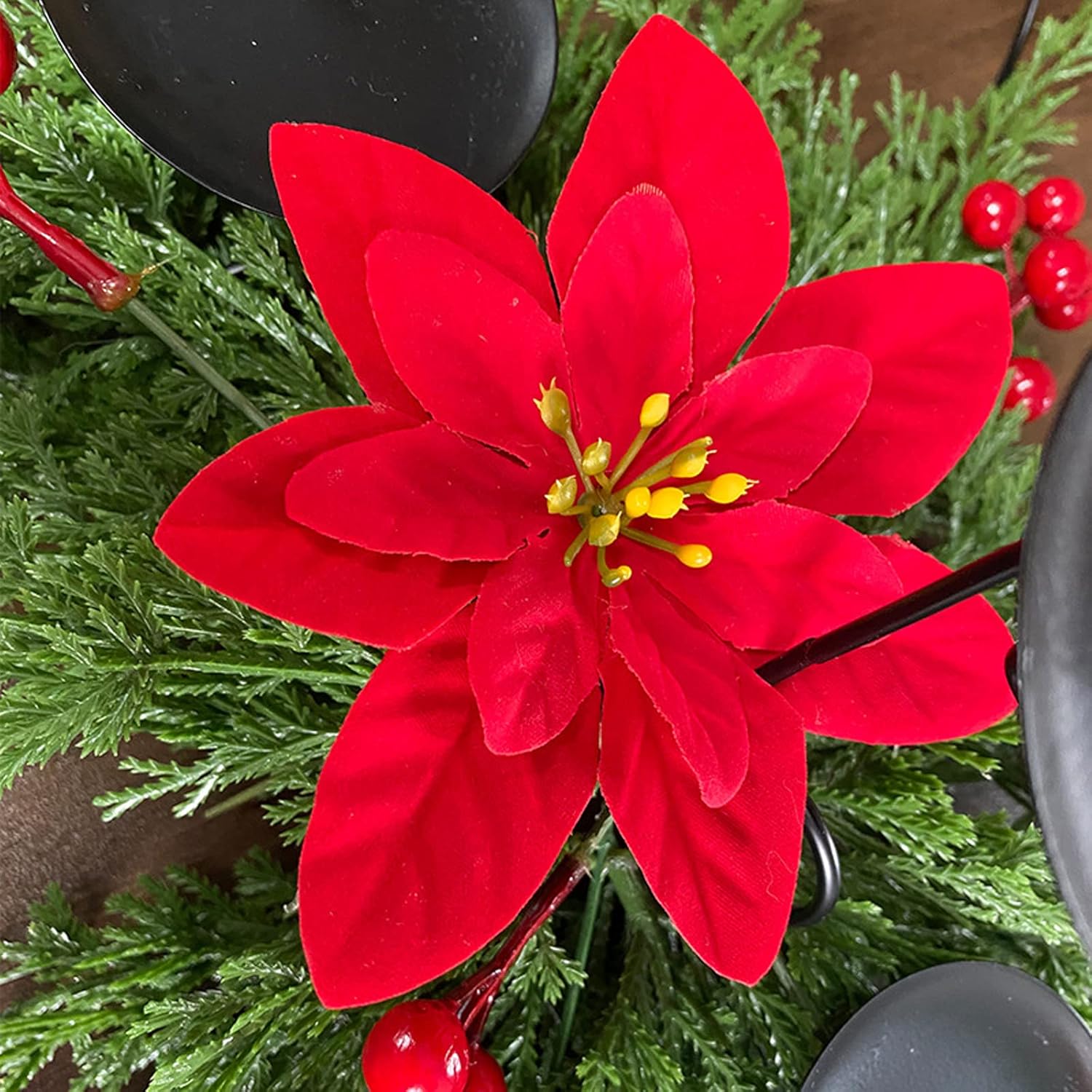 NFNSIG Christmas Candle Holder, Artificial Christmas Poinsettia Centerpiece with 3 Candle Holders, Red Berries, Pine, Christmas Triple Candelabrum for Christmas Table Mantel Decor(#1)