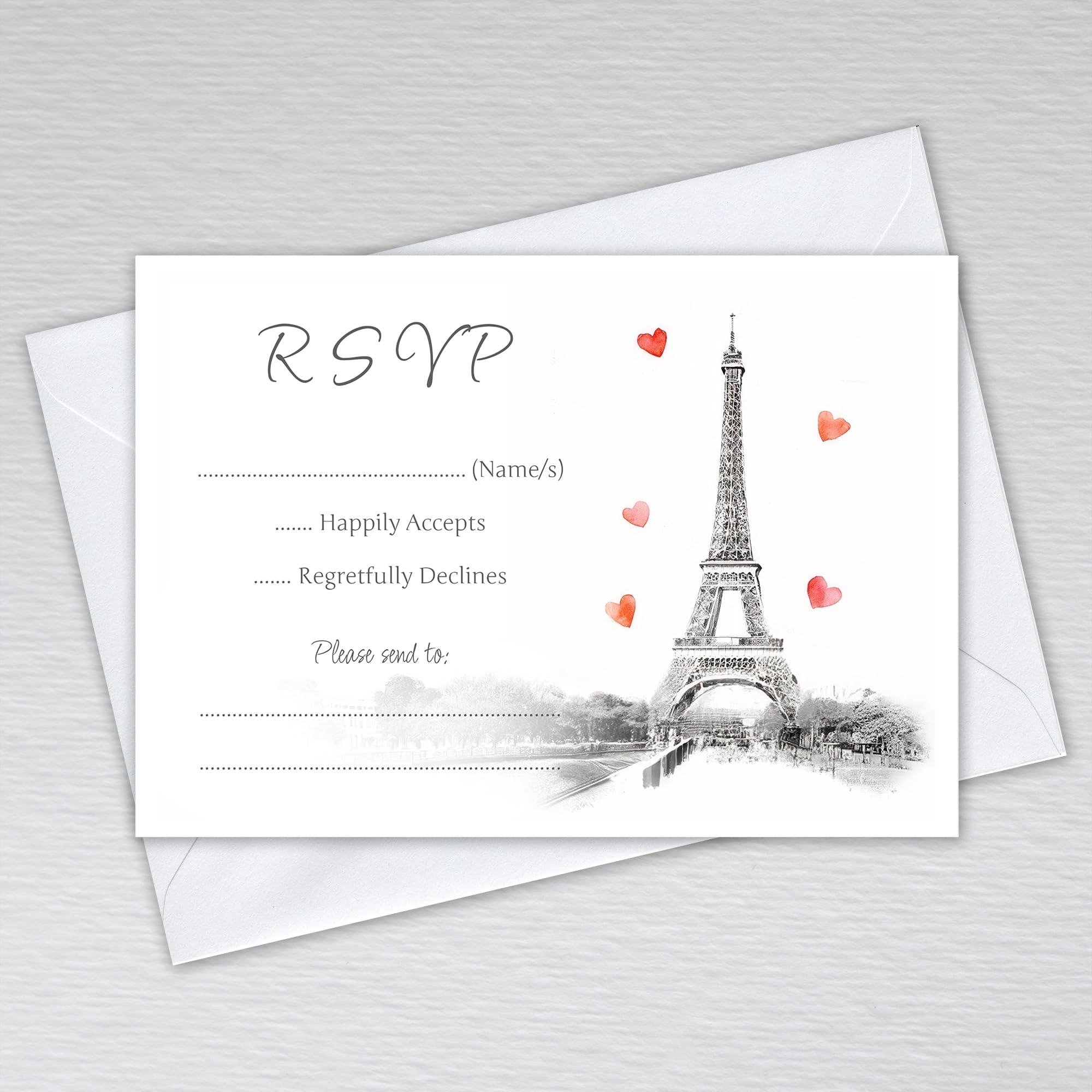 Webspectations Black and White French Themed RSVP Cards with Envelopes: Black and White with Chic Red Hearts Eiffel Tower Wedding RSVP Cards (Pack of 20 with Envelopes)