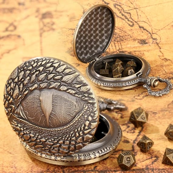 Mini DND Dice Set with Retro Dragon's eyes Pocket Watch Shell Case, DND Starter Set, 7pcs Polyhedral Mini Metal Dice Set, D&D Gifts with Gift Box, Role Playing Board Game Accessories, Bronze