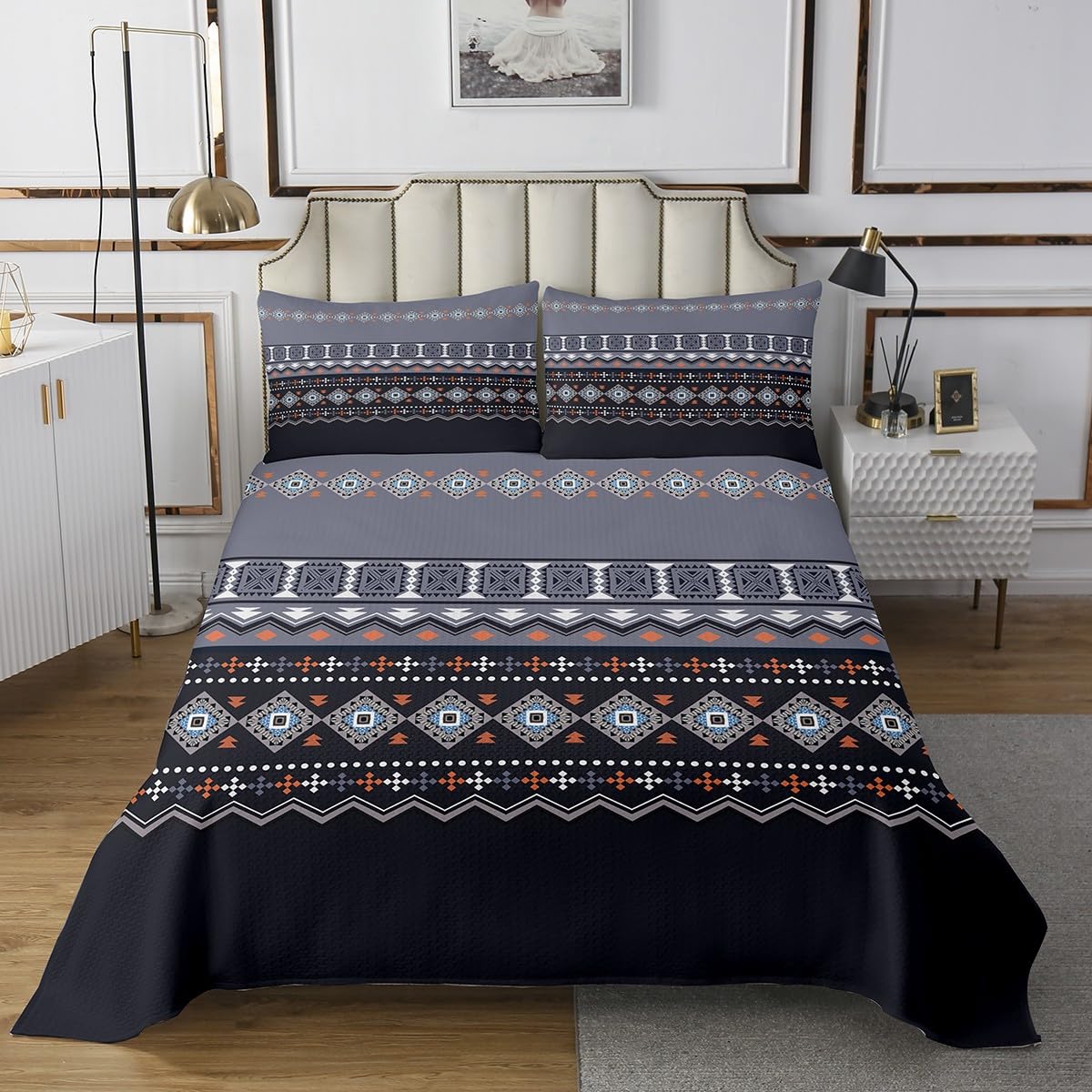 Feelyou Gray Boho Bedspread King Size Geometric Coverlet Set Geometry Quilt Set Morden Bohemian Bedding Cover for Boys Girls Kids Adults