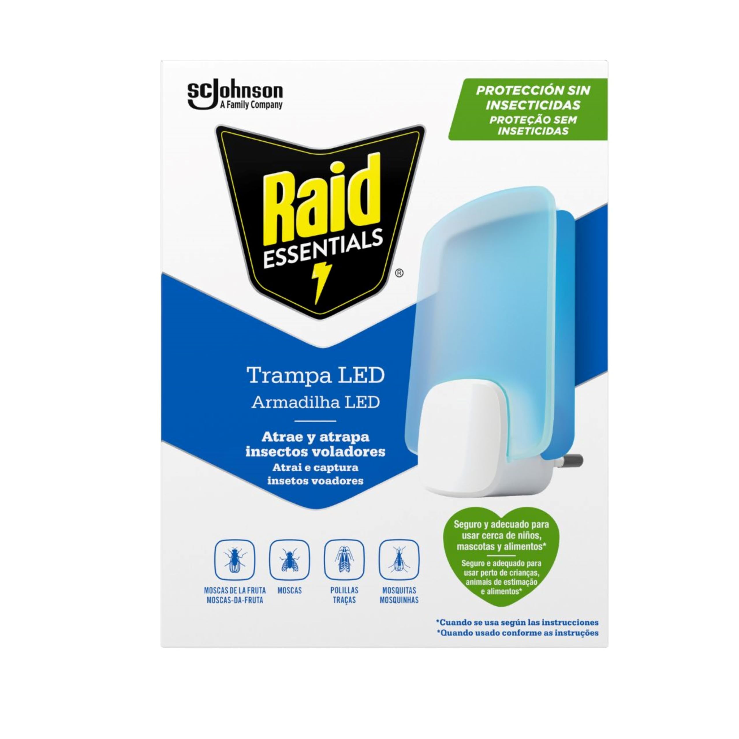 Raid Essentials Trampa LED Antimoscas, Antimoscas de Fruta y Antipolillas, Sin Insecticida, Seguro para Toda la Familia, Inodoro y Sin Residuos, Uso Interior, 1 Aparato y 1 Recambio.