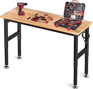 60" Adjustable Work Bench with Power Outlet, Rubber Wood Top Work Table, Heavy Duty Work Bench, 2000 LBS Capacity, Workbench with Pegboard, Hooks, Garage Workbench for Workshop,Home,Office