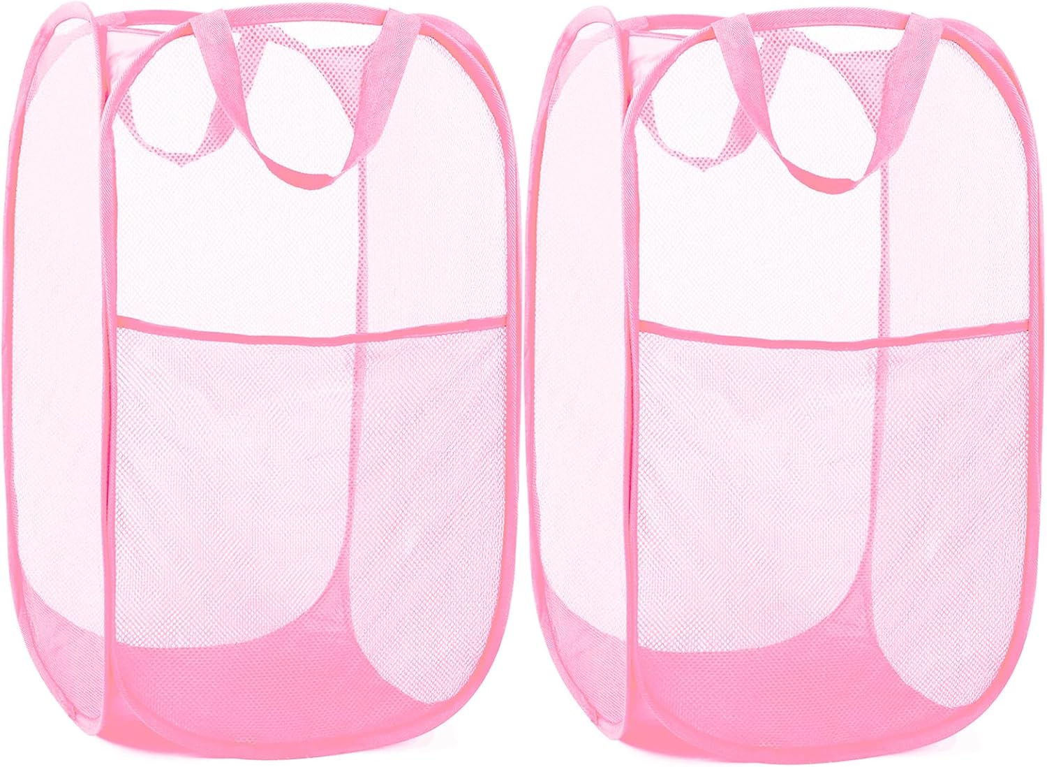 2 Pack Durable Collapsible Laundry Baskets - Reinforced Mesh Pop Up Laundry Hamper with Pocket, Foldable Dirty Clothes Hamper with Carry Handles for Laundry, Bathroom, Kids Room, Dorm or Travel Pink