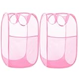 2 Pack Durable Collapsible Laundry Baskets - Reinforced Mesh Pop Up Laundry Hamper with Pocket, Foldable Dirty Clothes Hamper with Carry Handles for Laundry, Bathroom, Kids Room, Dorm or Travel Pink