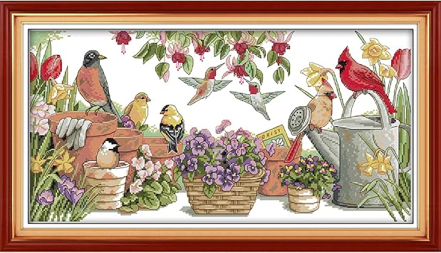 CROSSDECOR Stamped Cross Stitch Kits,Cross-Stitching Pattern for Home Decor, 14CT Pre-Printed Fabric Embroidery Crafts Needlepoint Kit-Birds Gather in Garden
