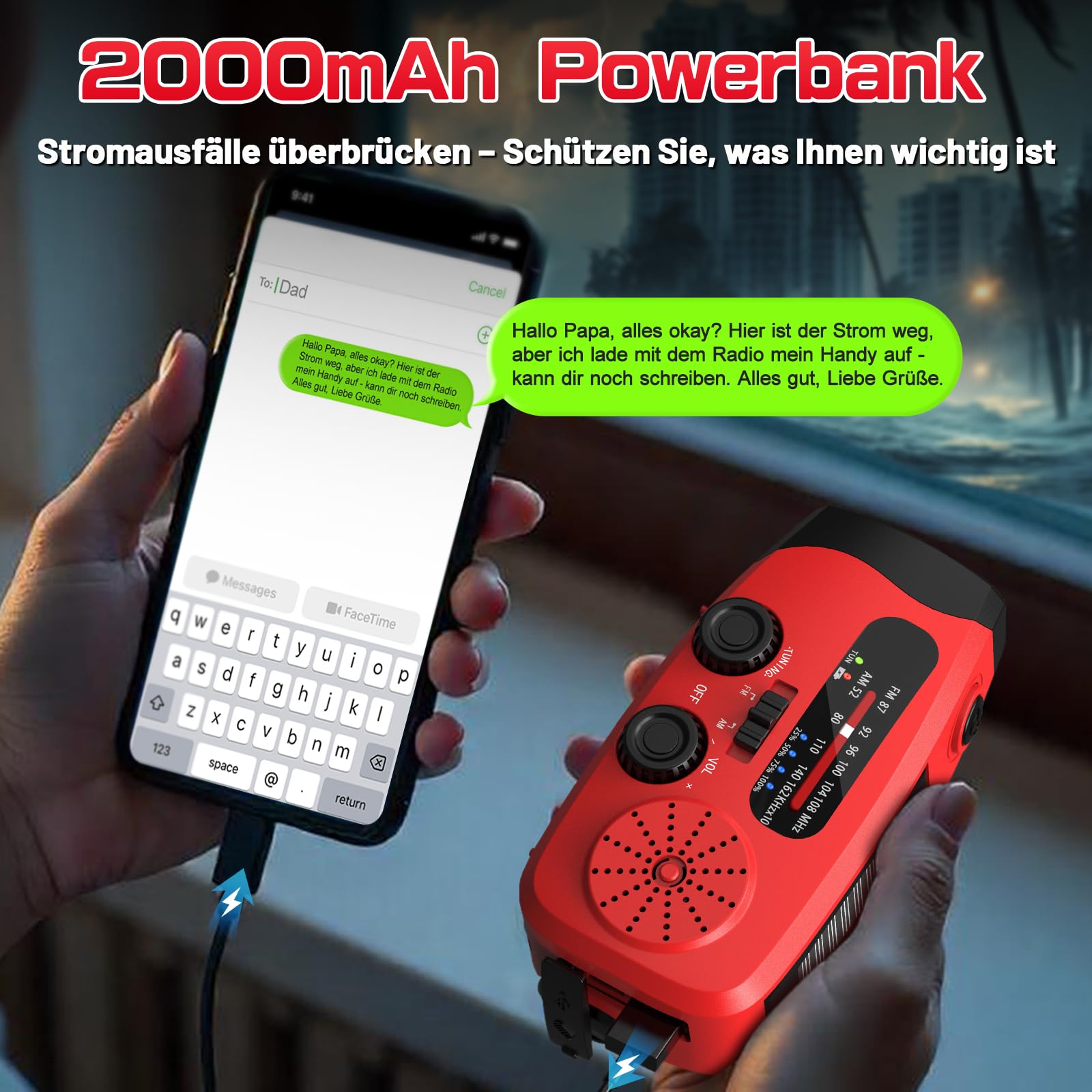 Kurbelradio mit Solar, Notfallradio, Tragbares Radio mit Handkurbel, AM/FM Radio mit LED-Taschenlampe, 2000mAh Powerbank, SOS-Alarm, USB-Handy-Ladegerät, Für Notfälle, Camping & Wanderungen (Rot)