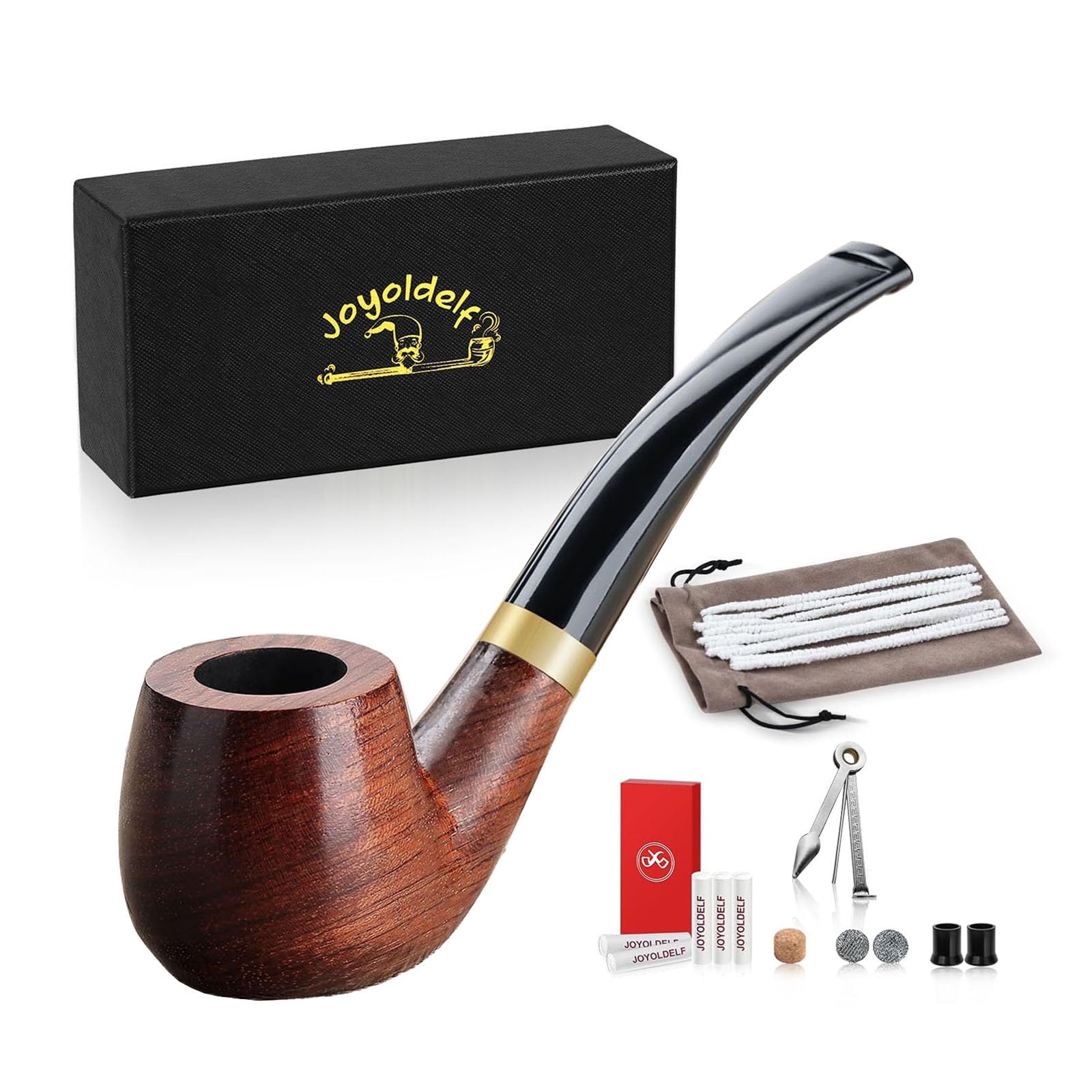 Joyoldelf Handmade Rosewood Tobacco Pipe - Wooden Smoking Pipe with Flat Bottom, Classic Pipe Set for Beginner and Pipe Lover with Gift Box and Accessories