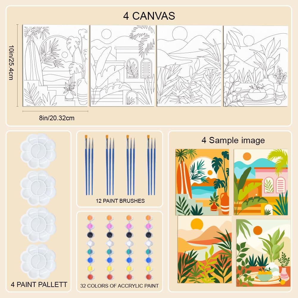 WEBEEDY 4 Pack Canvas Painting Pre Drawn Pre Printed Canvas Boho Pre Paint Canvas for Adults,Easy Painting Set for Adults Beginners DIY Canvas Painting Kits for Decoration,8x10 Inch