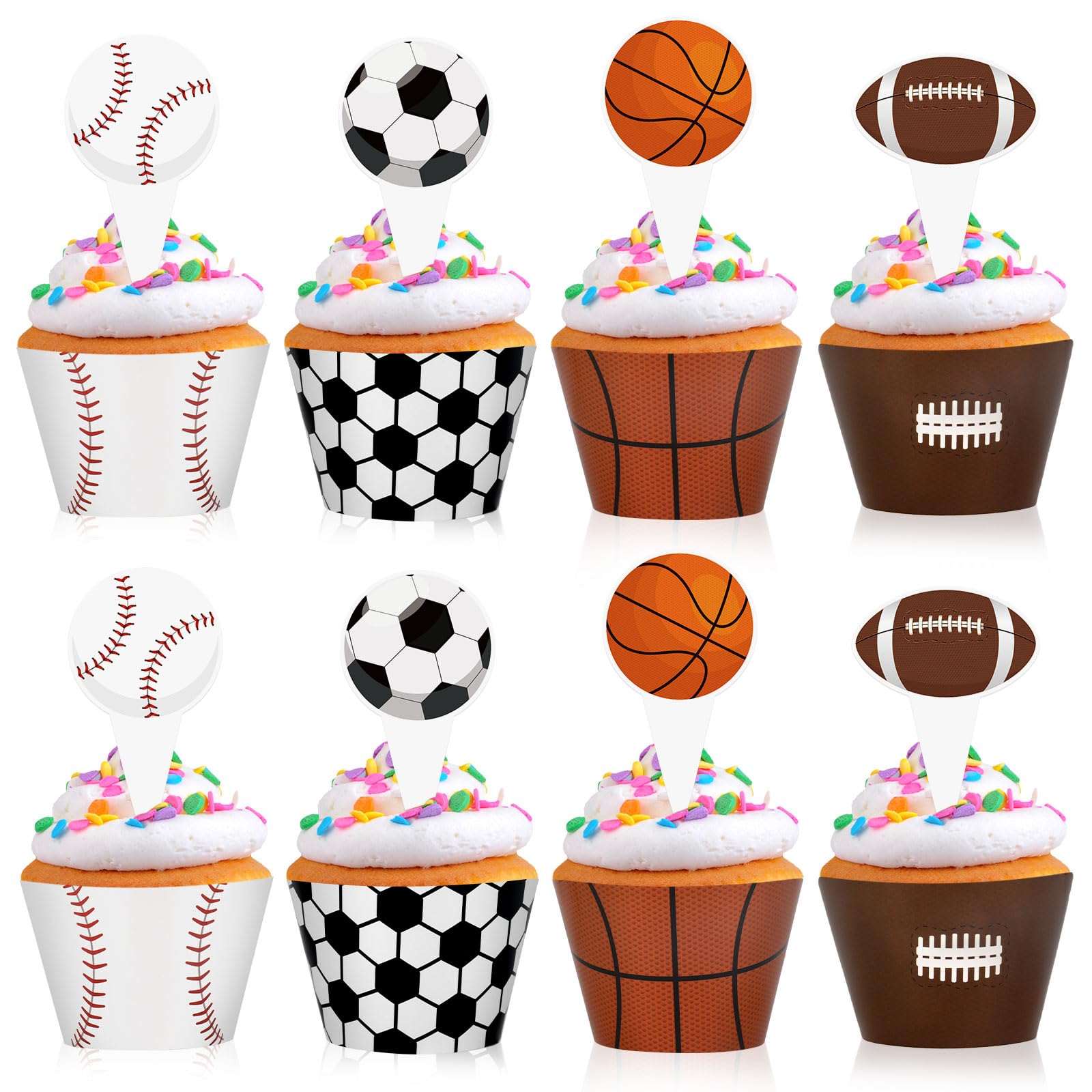 48 Pack Sports Balls Cupcake Toppers and Wrappers, Football Basketball Soccer Baseball Cake Decoration for Sport Theme Birthday Party Sports Game Day Party Supplies