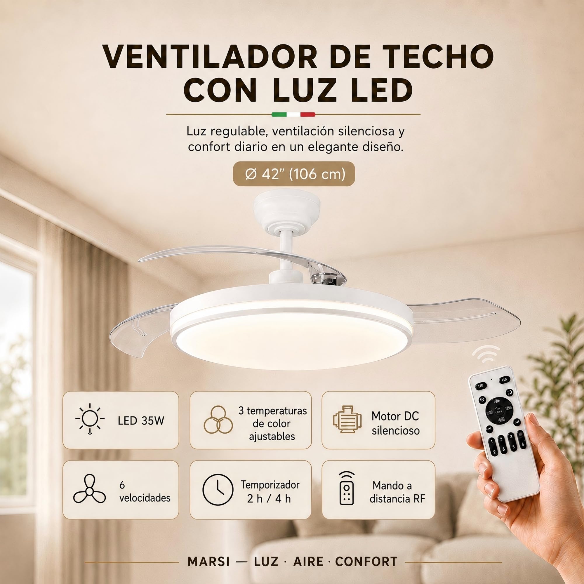 MARSI Ventilador de Techo con Luz y Aspas Retráctiles 106 cm, Motor DC Silencioso, 6 Velocidades, LED Regulable con Mando a Distancia, Función Verano Invierno para Dormitorio y Salón
