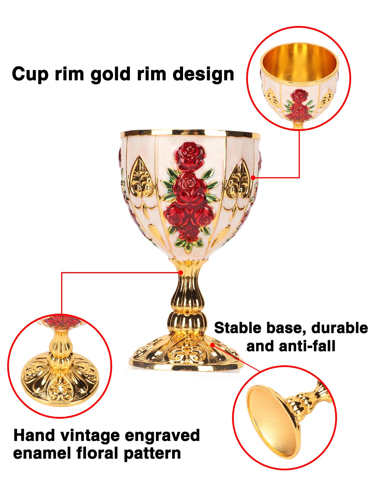 Gold Chalice,3.38oz High Zinc Alloy Retro Embossed Flower Pattern Elegant Pimp Cup for Party Banquet Bar(Golden White)