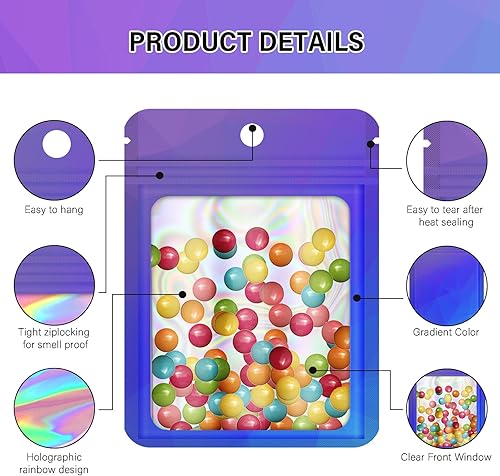 Miniatura 10 de 100 bolsas resellables con ventana transparente, bolsas de embalaje holográficas degradadas transparentes para pequeñas empresas, bolsas con cierre