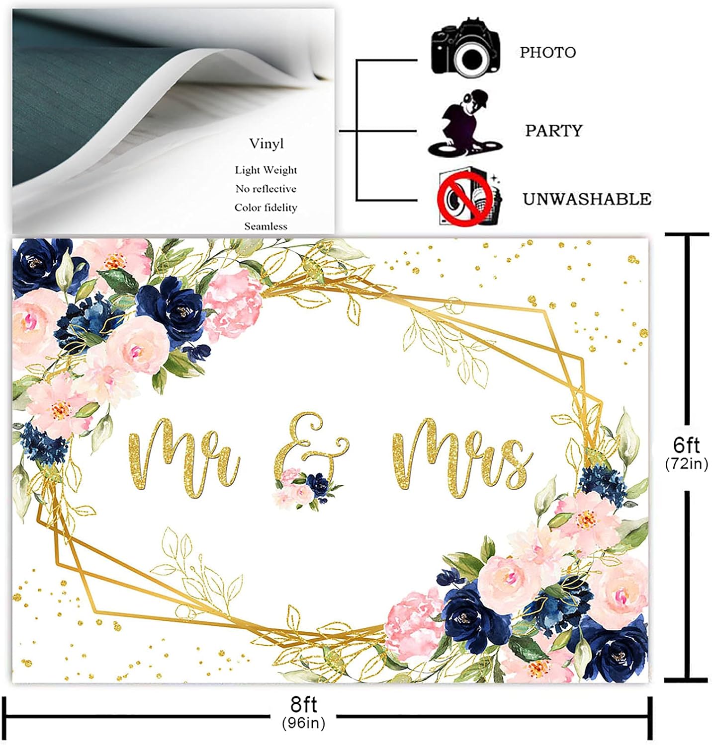 Avezano Mr and Mrs Backdrop Navy Blue Blush Pink Gold Geometric Floral Engagement Wedding Backdrop for Photoshoot (8x6ft)
