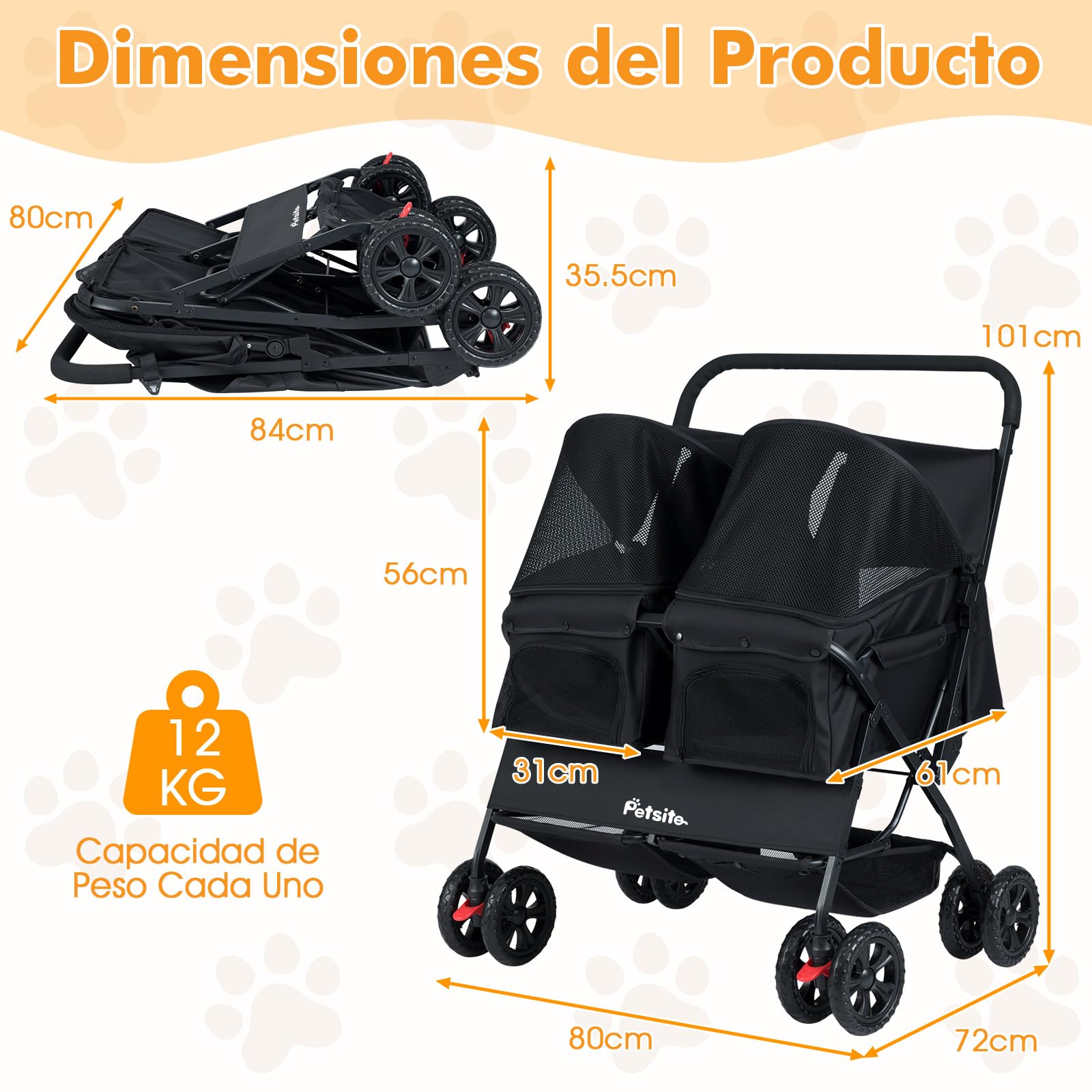 COSTWAY Carrito para Perros Doble, Cochecito Plegable para Perros con 2 Portabebés, Sombrilla Ajustable, Almohadilla Extraíble, Cinturón de Seguridad, Cesta, Carro Mascotas, Carga 12 kg uno (Negro)