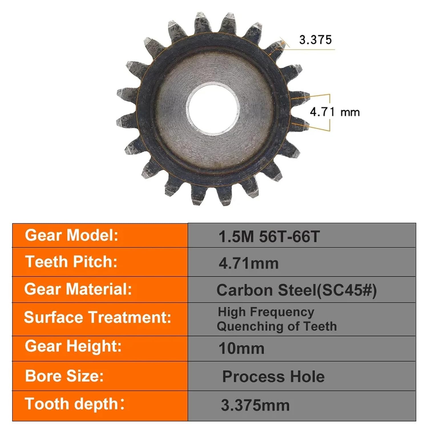 Pinion Gears 1.5M-56T/57T/58T/59T/60T~64T/65T/66Teeth SC45# Carbon Steel Cylindrical Gear 1Pcs(1.5M 58T-Bore 14mm)