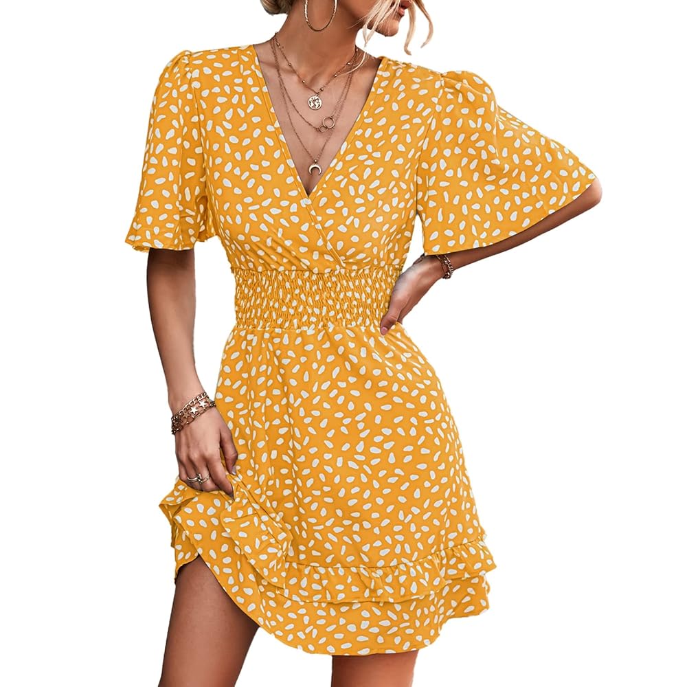 Estink Women's One Piece Dress Floral Print Short Ruffle Sleeve Summer  Dress A Line V Neck Tea Party Cocktail Dress(M-Yellow)