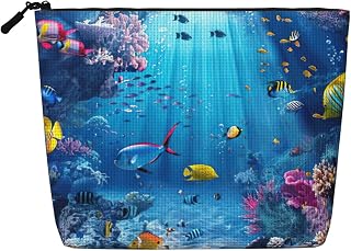 Fake Hemp Colorful Ocean Theme Print Makeup Bag | Water Resistant Cosmetic Bag With Metal Zipper, Lightweight Travel Makeup Pouch, Storage Bag For Toiletry