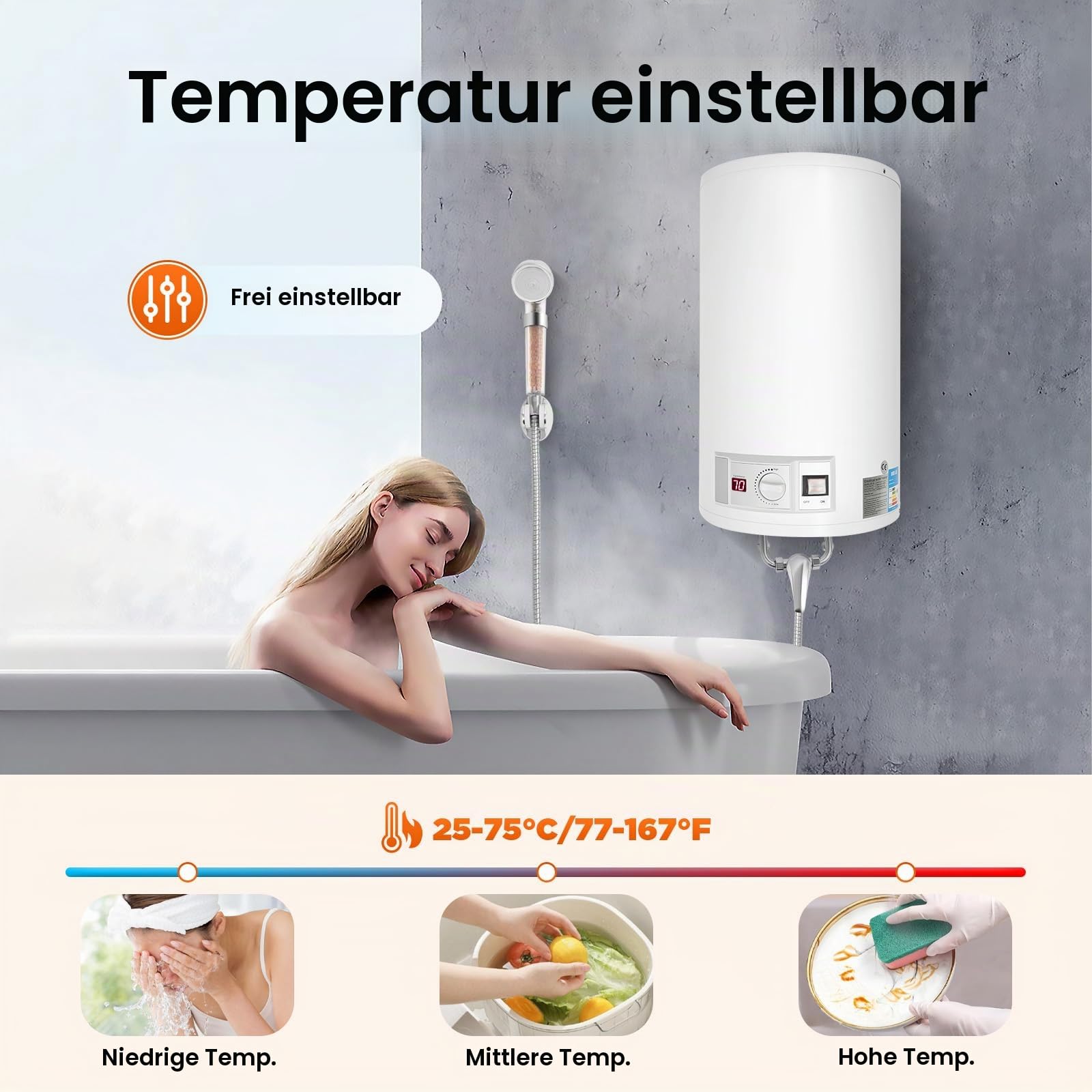 2000W Elektro Warmwasserspeicher Boiler 50 Liter Wasserboiler Warmwasserboiler Hängespeicher,LED und Thermometer,Wandmontage-Wasserboiler Warmwasserspeicher