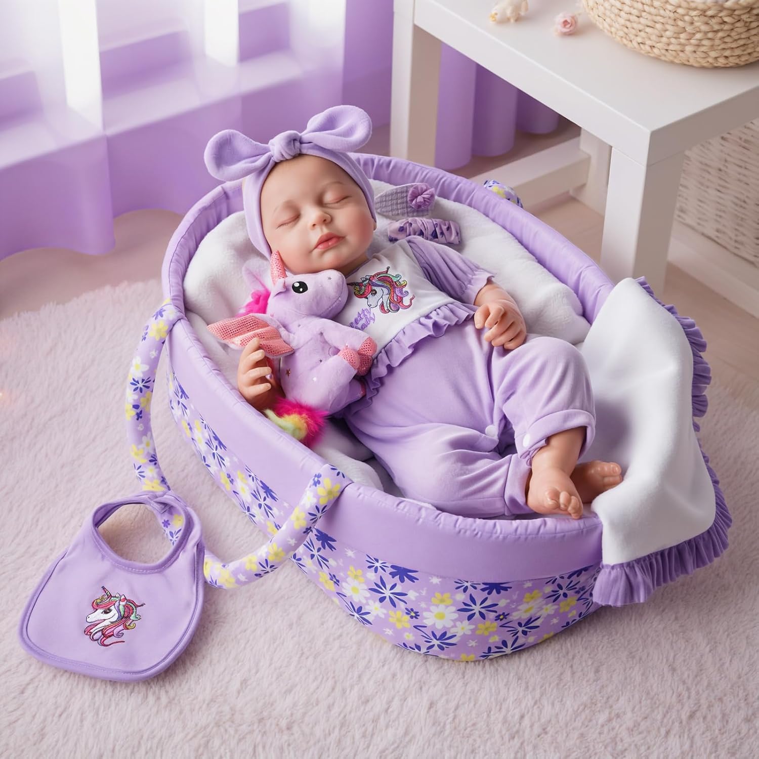 BABESIDE 8 Pcs Reborn Baby Doll Accessories Set – Includes Doll Clothes, Bassinet, Soft Toy, Bottle & More for Girls, Fits 17-22 Inch Dolls(Not Dolls)