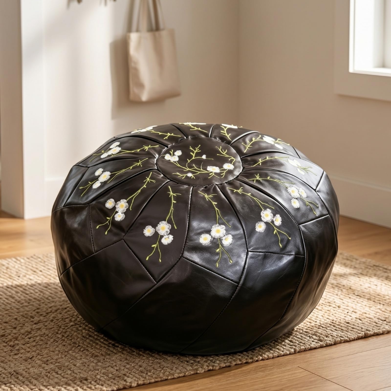 kowaku Pouf Contenitore Rotondo Poggiapiedi Sgabello Cassapanca Pelle Cerata con Ricamo E Finitura Morbida Vano Interno per Piccoli Oggetti Accesso Pratico, Marrone Scuro
