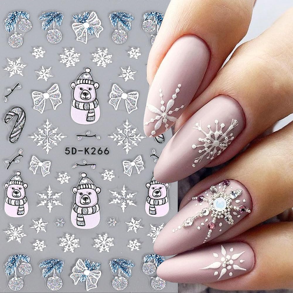Weihnachtliche Nagelsticker – 8 Blätter Mit Schneeflocken, Elchen & Mehr, 3D Gold/Silber