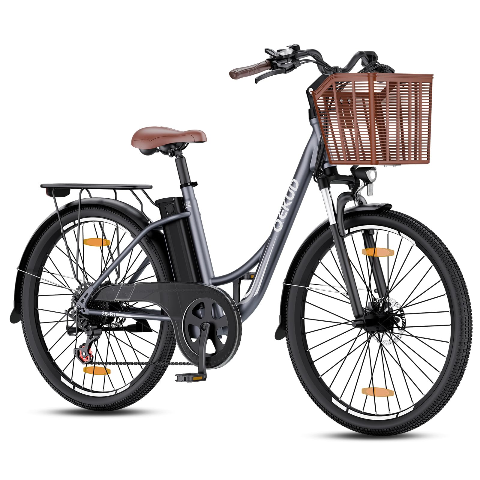 Vélo électrique pour femme/homme 26" avec panier à vélo, vélo de ville de trekking avec batterie 36 V 13 Ah, gris