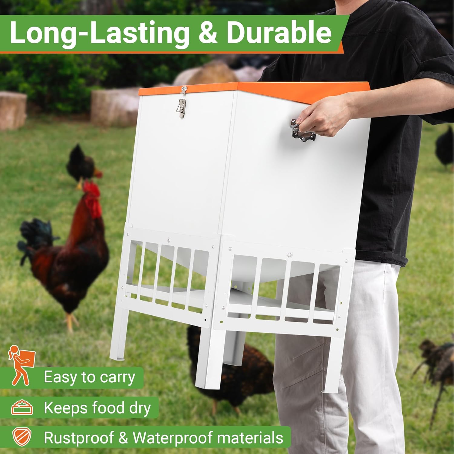 Chicken Feeder with Grille, 50LBS No Waste Chicken Feeder with 18 Ports, Powder-Coated Steel Feeder w/Waterproof Lid and Stainless Handles, 16”L x 12.5”W x 24.5”H