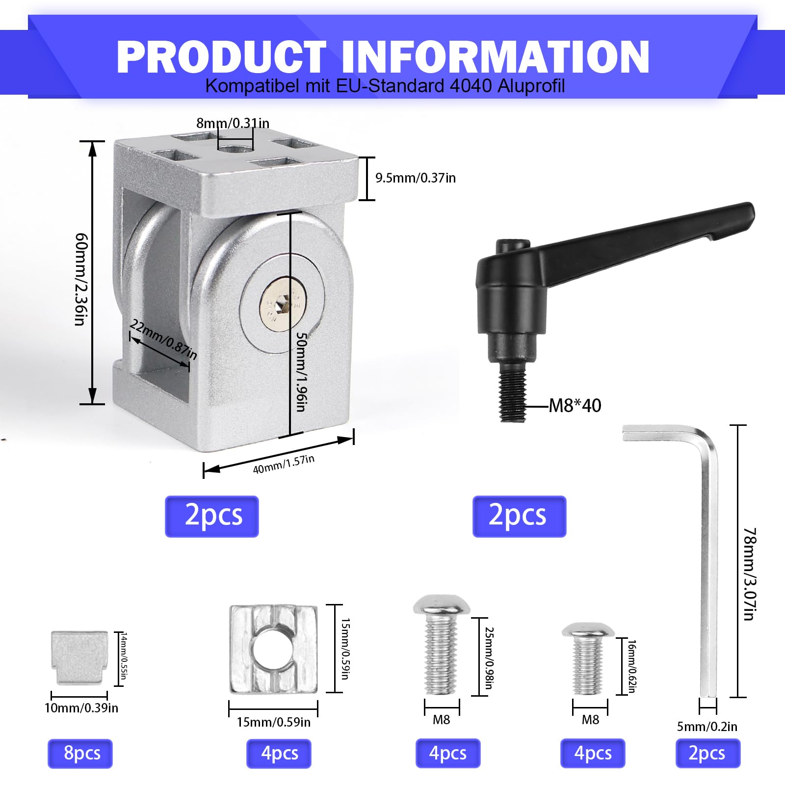 Aluprofil Gelenkverbinder mit Klemmhebel, Gelenk Aluprofil 40x40 Nut 8 Einstellbarer Winkelverbinder, Flexibler Scharnier 180° Drehbereich aus Zinklegierung für DIY-Projekt(2er Set)