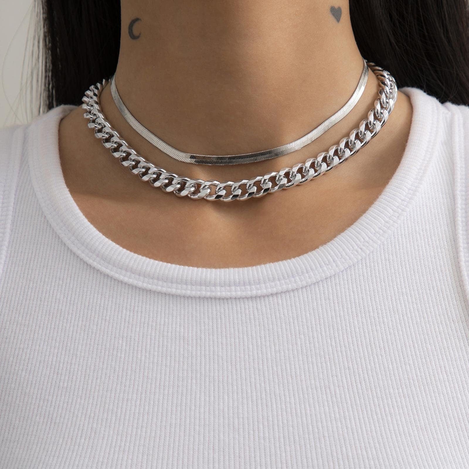 New Women Stainless Steel Layered Necklace Snake Flat Curb Cuban Link Chain Chokers Gold Silver Jewelry Chunky Clavicle