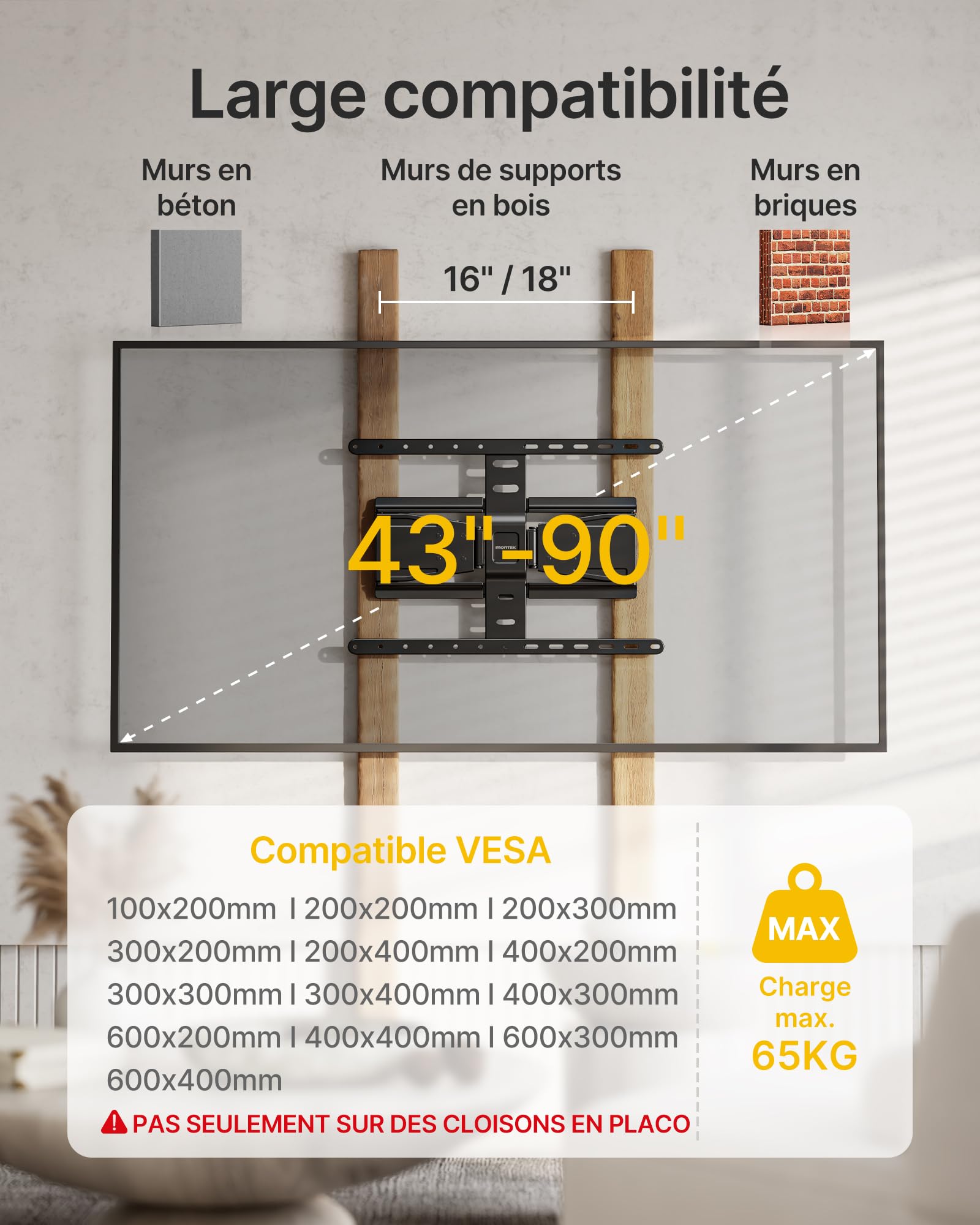 monTEK Support TV Mural 37 à 75", VESA 400x400mm Max,Charge Max 50Kg