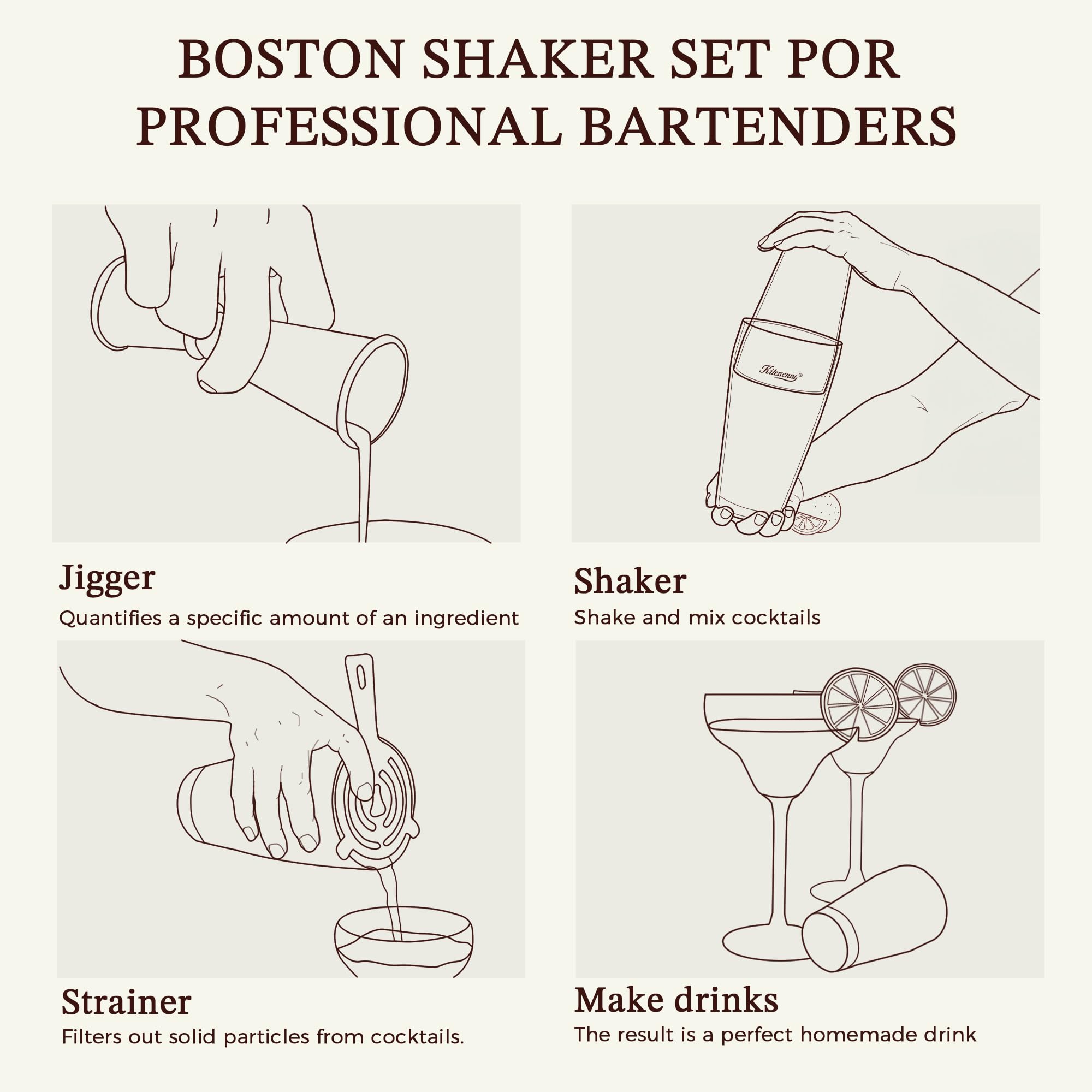Boston - Juego de coctelera profesional de 8 piezas con mezclador de bebidas Martini de acero inoxidable, coladores Hawthorne, doble jiggers, herramientas de barra aptas para lavavajillas 6