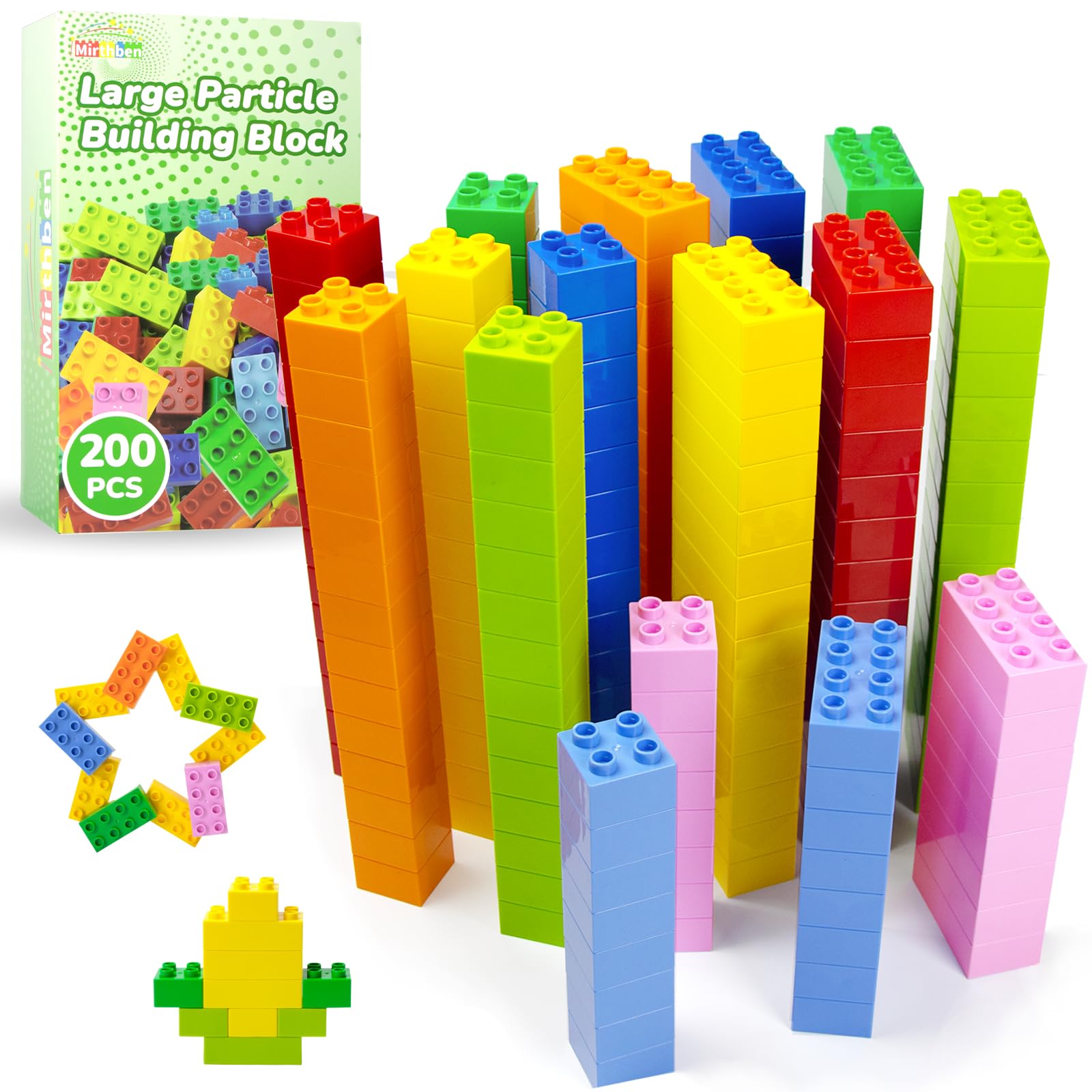 Mirthben 200 Stück Große Bausteine Set, 2 Formen und 8 Farben Bauklötze, Kompatibel mit Duplo Steine und Allen führenden Marke, Bunte Bauspielzeug für Kinder ab 3 Jahren
