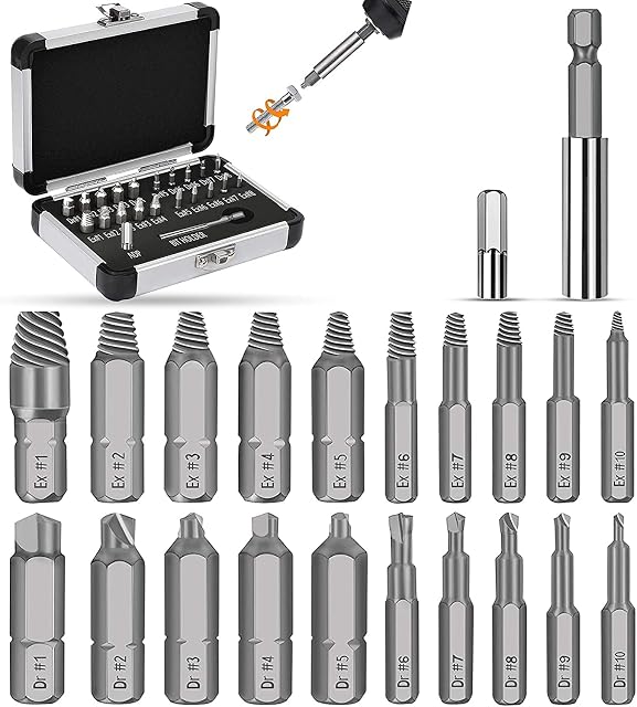Jellas 22PCS Damaged Screw Extractor, Screw Remover with 64-65 HRC Hardness, Separate Burnishing and Magnetic Extension Bit Holder for Damaged Screws or Bolts 2-12mm SE22