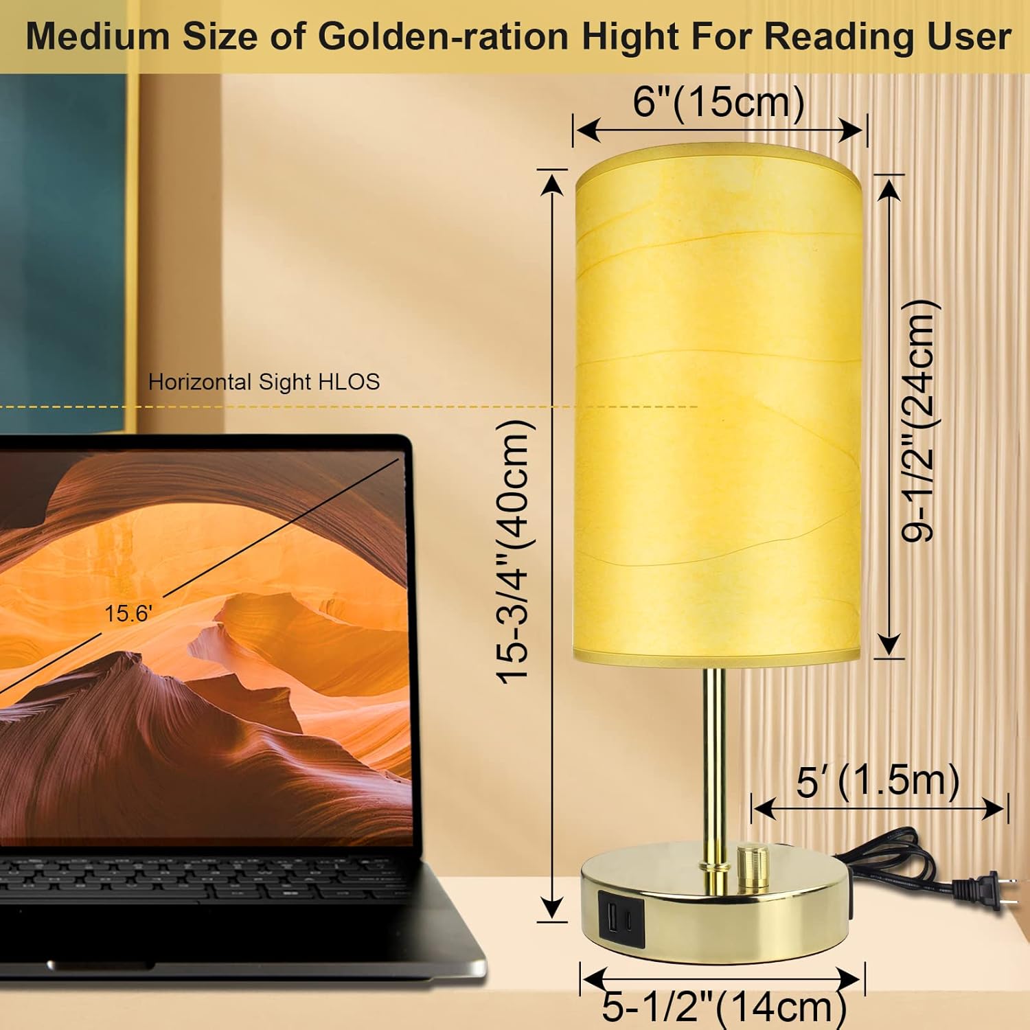 15.75"H Fully Dimmable Bedside Table Lamp with USB A+C Charging Ports & AC Outlet, Modern Gold Bedroom Nightstand Light Round, Desk Lamps for Home Office (7W 800LM E26 Bulb Included)
