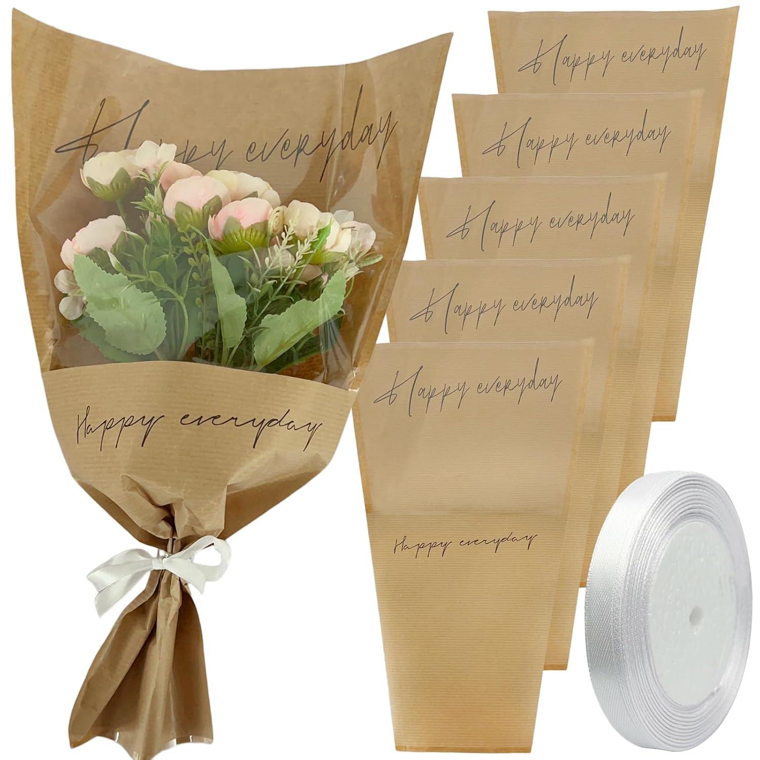 Wawory 60PCS Flower Bags for Bouquets, Flower Wrapping Paper Kraft Bouquet Wrapping Paper Floral Wrap Sleeves with Ribbons for Birthday Wedding Gift, Florist Wrap Supplies(11"x 5.1"x17.3")