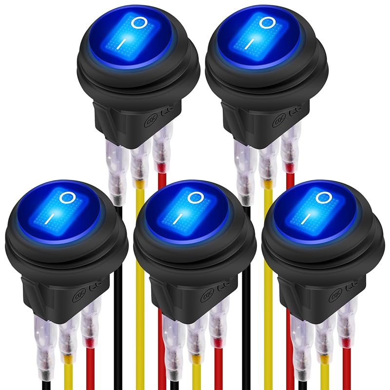 Interruptor Rocker Redondo DAIERTEK 12 V 20 A com LED Azul, 3 Pinos e Proteção IP65 – Pacote com 5